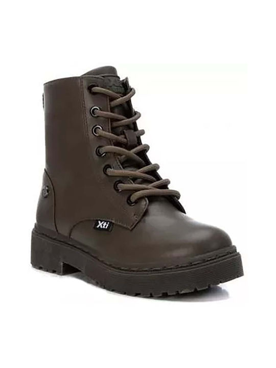 Xti Kids PU Leather Military Boots with Lace Khaki