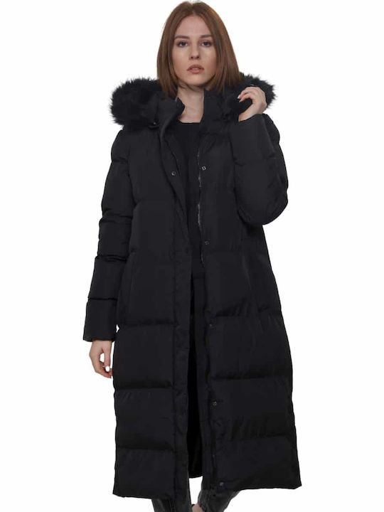 Women's Long Puffer Jacket for Winter with Detachable Hood Black