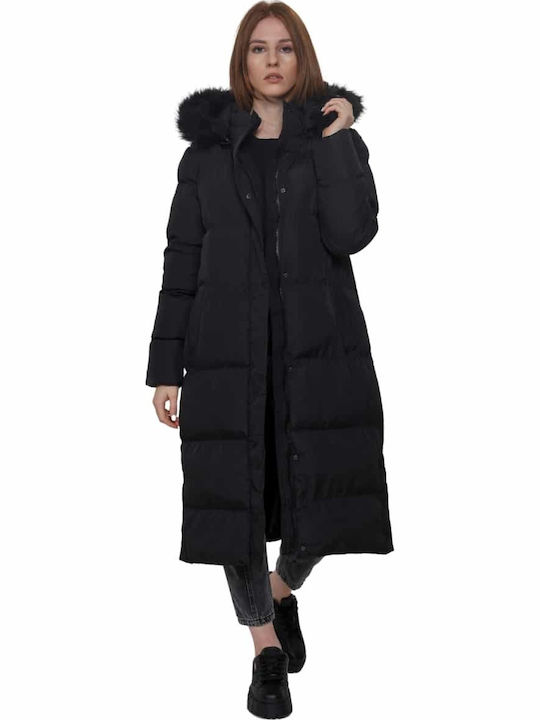 Women's Long Puffer Jacket for Winter with Detachable Hood Black