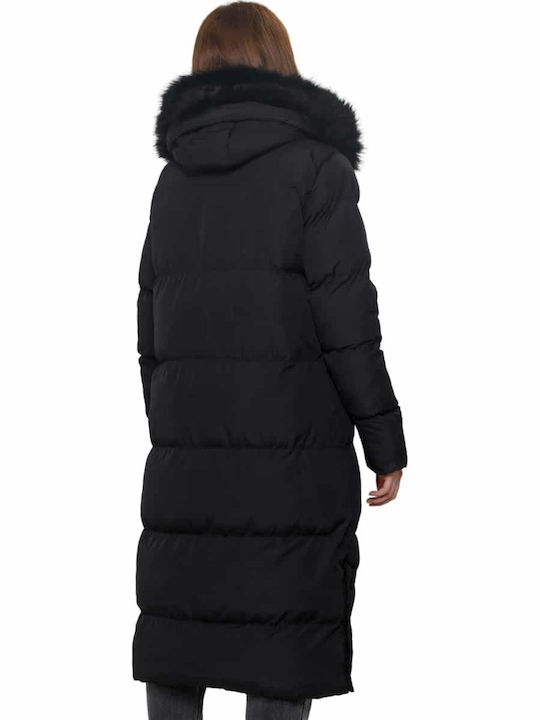 Women's Long Puffer Jacket for Winter with Detachable Hood Black
