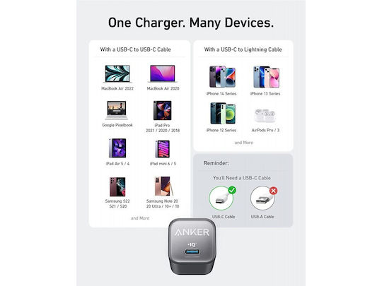 Anker Φορτιστής Χωρίς Καλώδιο GaN με Θύρα USB-C 30W Λευκός (Nano III)