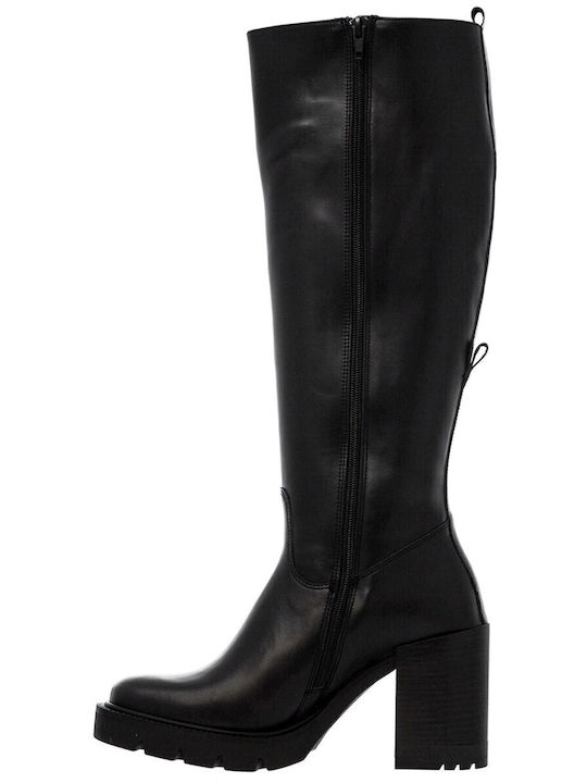 Leather High Heel Women's Boots with Zipper / Rubber Black