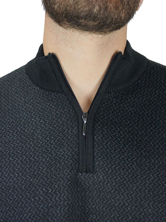 Lexton Men's Woolen Knitted Blouse "HARRY ZIP" Black Slim Fit (HARRY ZIP) (50% Merinos Wool, 50% Acrylic)