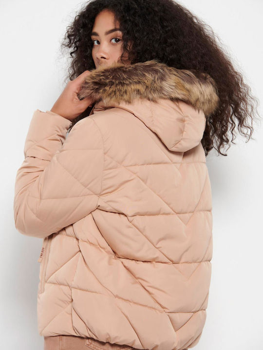 Funky Buddha Kurz Damen Puffer Jacke mit pelziger Kapuze für Winter Beige