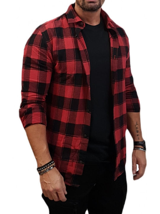 Double Men's Shirt Long Sleeve Flannel Checked Red