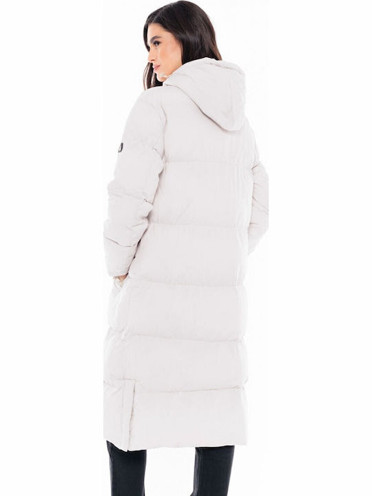 Women's Long Puffer Jacket for Winter with Hood White