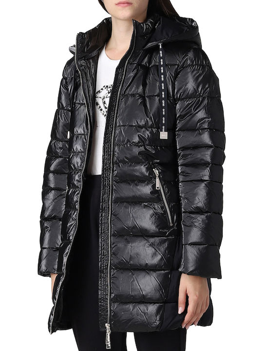 Imbottito Women's Long Puffer Jacket for Winter with Hood Black