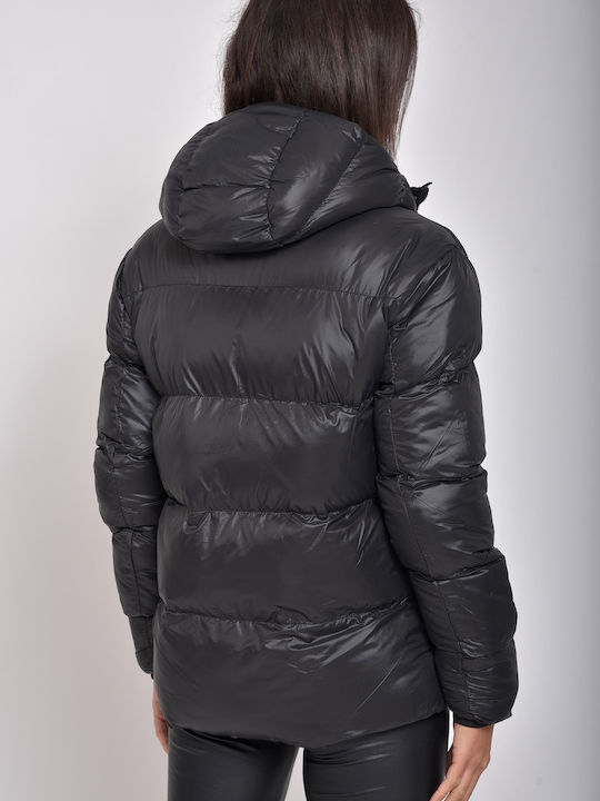 Ice Tech Women's Short Puffer Jacket for Winter with Hood Black