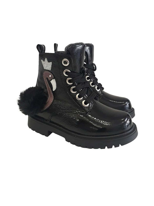 Amica Kids Leather Anatomic Military Boots with Zipper Black