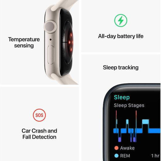 Apple Watch Series 8 Aluminium 45mm Waterproof with Heart Rate Monitor (Silver with White Sport Band)