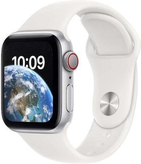 Apple Watch SE 2022 Алуминий 40мм Водоустойчив с Пулсомер (Сребро с бяла спортна лента)