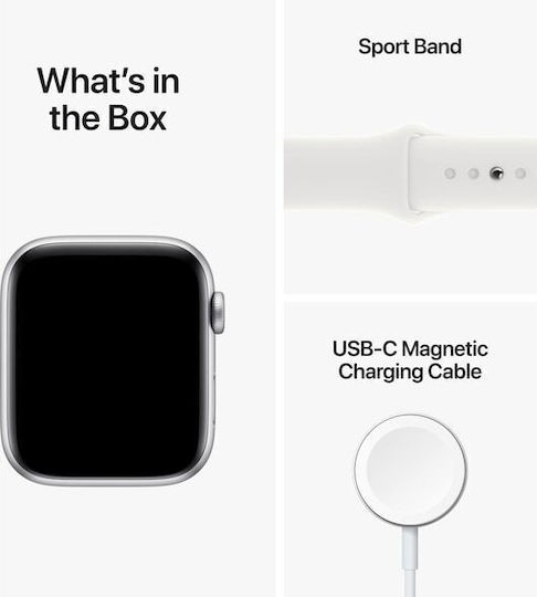 Apple Watch SE 2022 Aluminium 44mm Waterproof with Heart Rate Monitor (Silver with White Sport Band)