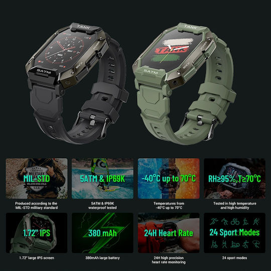 Kospet Tank M1 Waterproof Smartwatch with Heart Rate Monitor (Black)