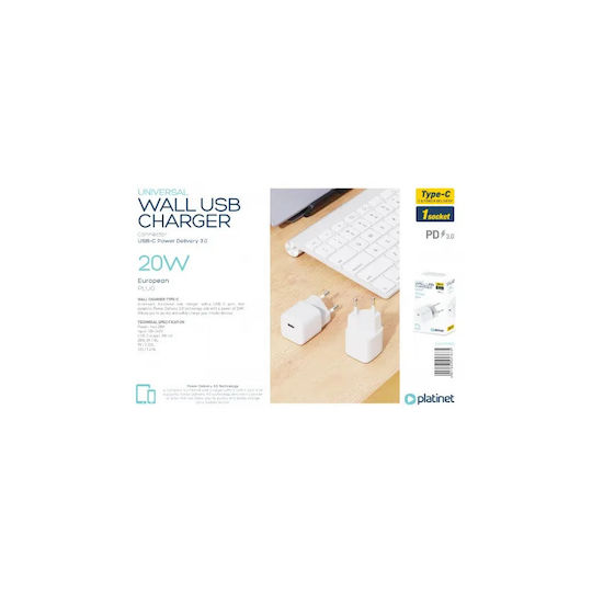 Platinet Charger Without Cable with USB-C Port 20W Power Delivery Whites (PL0428)