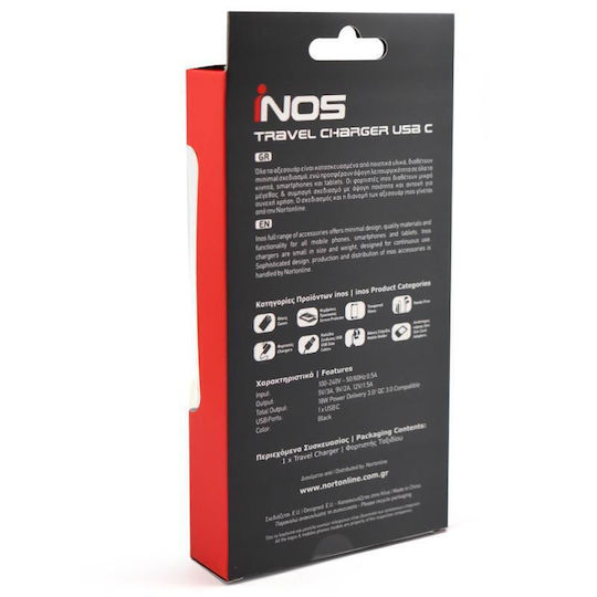 iNOS Încărcător Fără Cablu cu Port USB-C 18W Quick Charge 3.0 Negruς (5205598139216)