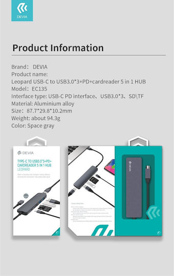 Devia Leopard USB 3.0 3 Port Hub with USB-C Connection Gray