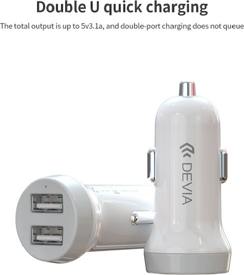 Devia Car Charger 1A with Ports: 2xUSB with Cable Lightning White Color