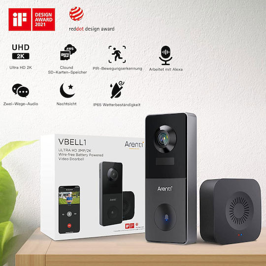 Arenti Wireless Doorbell Wi-Fi Compatible with Alexa Black