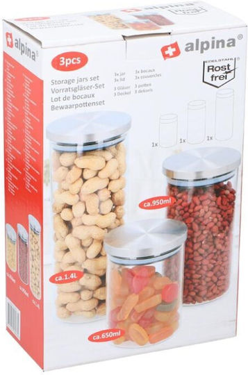Alpina Appliances Set of 3 General Use Transparent Glass Jars with Lid 3 Pieces