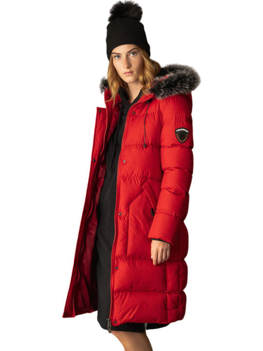 Women's Long Puffer Jacket for Winter with Detachable Hood Red