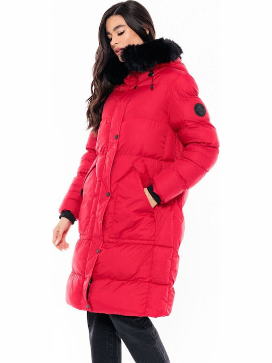 Women's Long Puffer Jacket for Winter with Detachable Hood Red