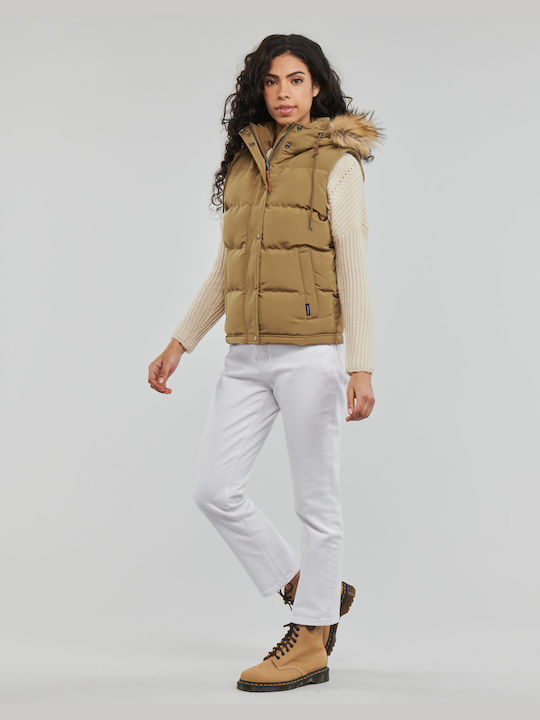 Superdry Vintage Everest Kurz Damen Ärmellos Puffer Jacke mit pelziger Kapuze für Winter Beige