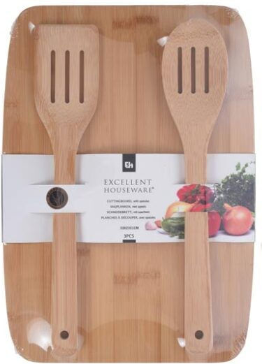 Excellent Houseware Rectangular Bamboo Chopping Board Set with Spoons Brown 32.5x23cm 3pcs
