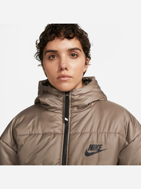Women's Short Puffer Jacket for Winter with Hood Brown