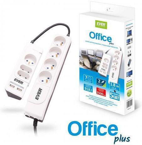 Ever Office Plus Πολύπριζο Aσφαλείας 7 Θέσεων με 2 USB-A και Καλώδιο 1.8m