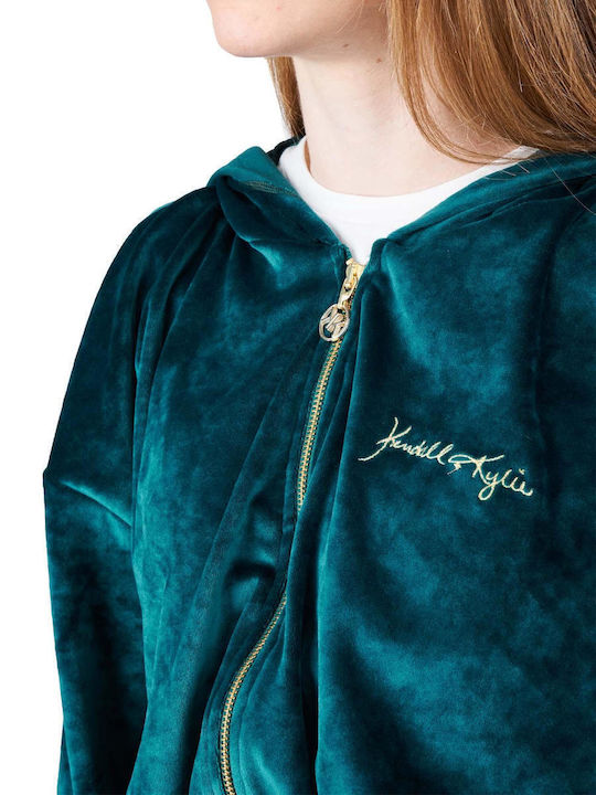 Cropped Women's Sweatshirt Jacket Velvet Hooded Emerald