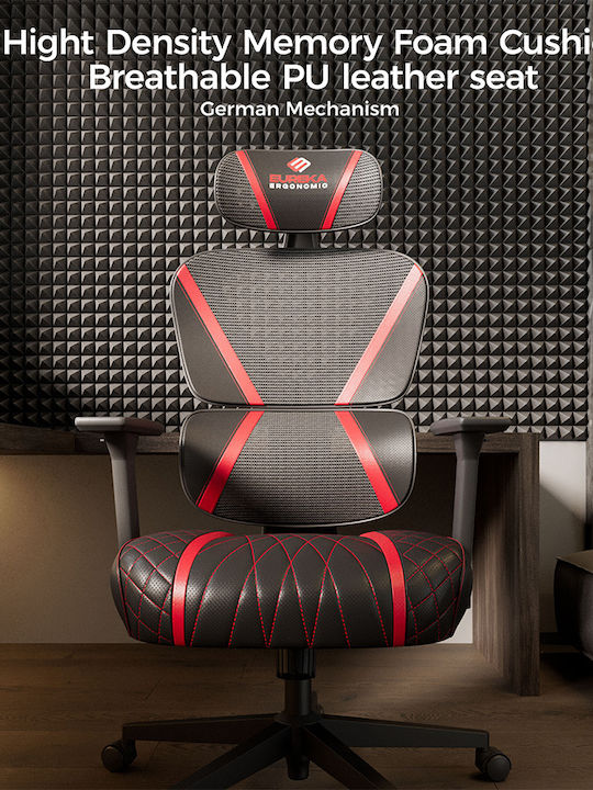 Eureka Ergonomic Norn Καρέκλα Gaming Δερματίνης με Ρυθμιζόμενα Μπράτσα Κόκκινη