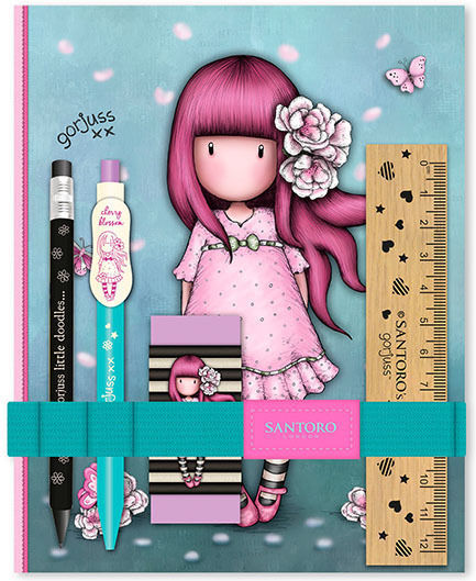 Santoro Sparkle & Bloom Kinder Schreibwarenset mit Radiergummi, Kugelschreiber, Mechanischer Bleistift und Lineal Cherry Blossom 5Stück