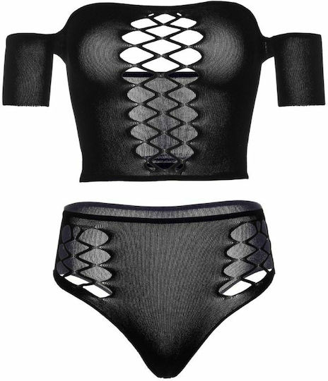Leg Avenue Set Opaque Crop Top and Thong Sexy Lingerie Sets with Lace Black 2 Pieces