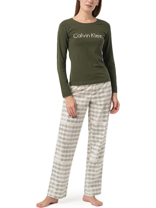 Calvin Klein Χειμερινό Γυναικείο Σετ Πιτζάμας Βαμβακερό Χακί