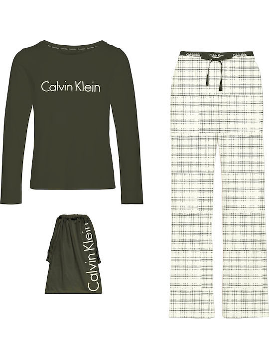 Calvin Klein Χειμερινό Γυναικείο Σετ Πιτζάμας Βαμβακερό Χακί