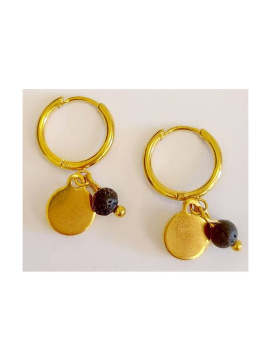 Handmade golden steel hoop earrings with round motif and black lava stone (tatu moyo) 3113-722X3