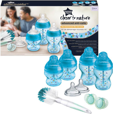 Tommee Tippee Plastic Bottle Set Newborn Starter Kit Anti-Colic with Silicone Nipple for 0+, 0+ m, months Light blue 150ml 9pcs