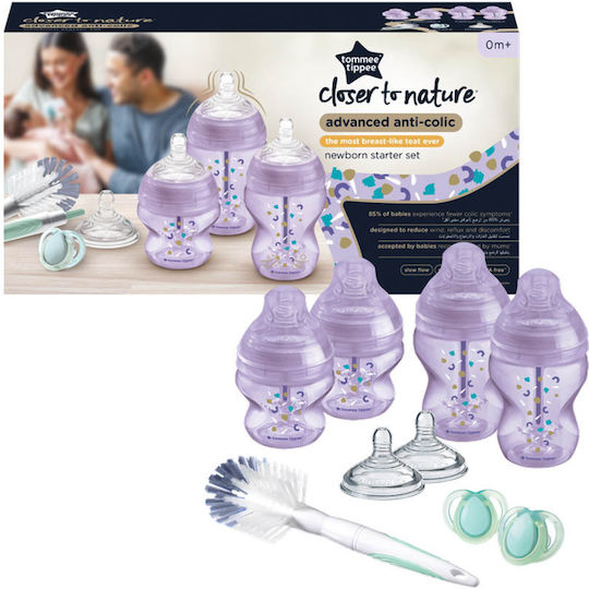 Tommee Tippee Σετ Πλαστικά Μπιμπερό Newborn Starter Kit Κατά των Κολικών με Θηλή Σιλικόνης για 0+ μηνών Λιλά Λιλά 150ml 9τμχ