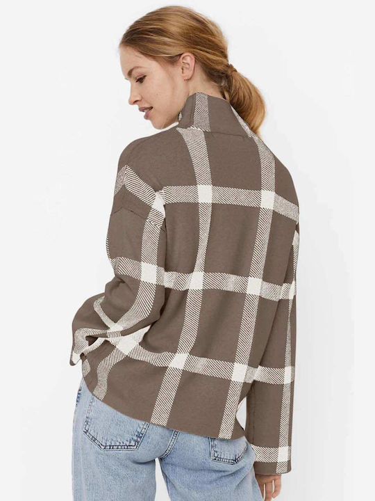 Vero Moda Women's Long Sleeve Sweater Woolen Turtleneck Checked Brown