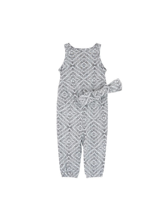 White jumpsuit with black cotton pattern and matching ribbon set (3L32002)