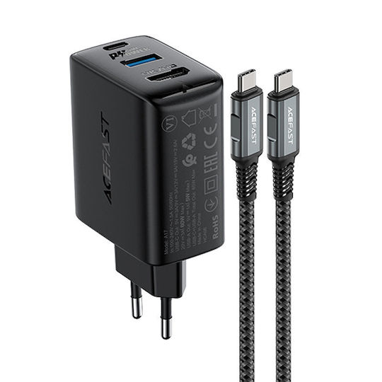 Acefast Φορτιστής με Θύρα USB-A και Θύρα USB-C και Καλώδιο USB-C 65W Power Delivery / Quick Charge 3.0 Μαύρος (A17)