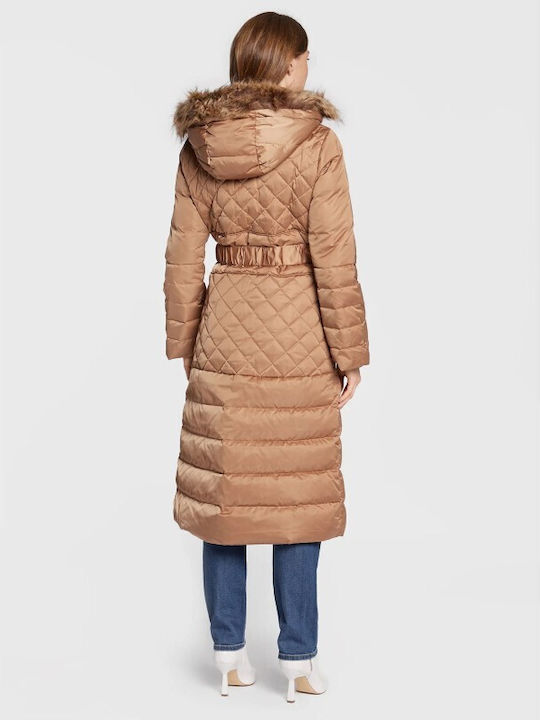 Guess Lung Jachetă de femei Puffer cu glugă de blană pentru iarnă Light Brown