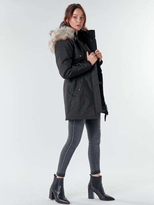 Women's Long Parka Jacket for Winter with Hood Black/beige