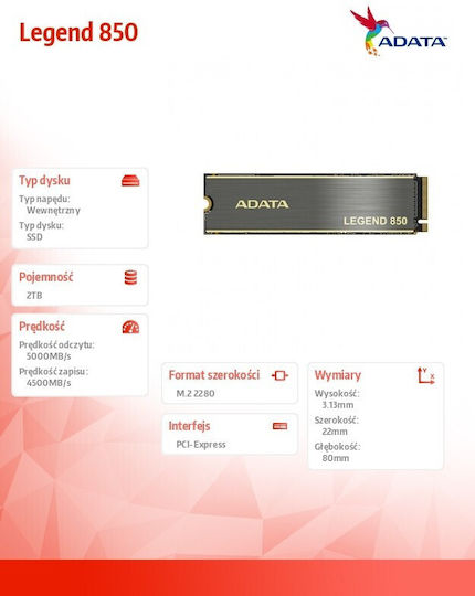 Adata Legend 850 SSD 2TB τύπου M.2 με σύνδεση PCI Express 4.0 και Ψύκτρα ALEG-850-2TCS