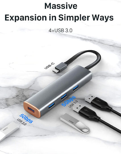 Cabletime CT-HUBP4 USB-Hub 4 Anschlüsse USB 3.0 mit USB-C Verbindung Grau