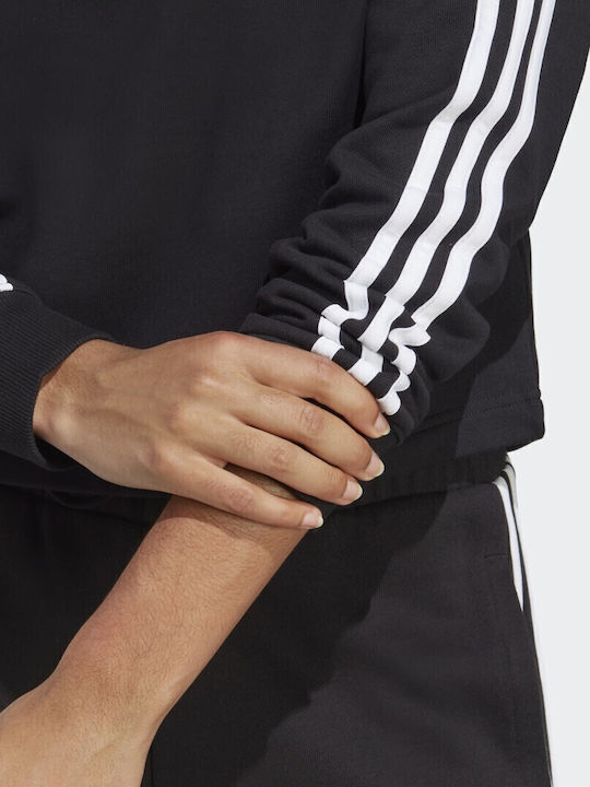 Essentials 3-Stripes Cropped Γυναικείο Φούτερ με Κουκούλα Μαύρο