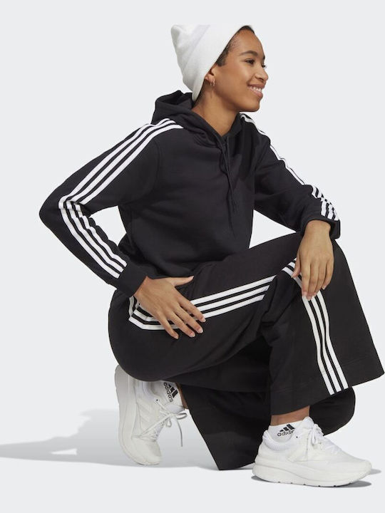Essentials 3-Stripes Cropped Γυναικείο Φούτερ με Κουκούλα Μαύρο