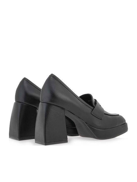 Δερμάτινες Loafer Γόβες με Χοντρό Ψηλό Τακούνι Μαύρες