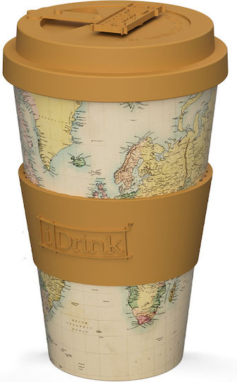 iDrink Old Map Cană Bambus cu Capac Galbenă 435ml