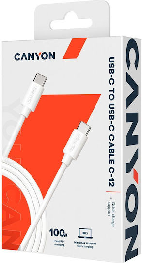Canyon USB 2.0 Кабел USB-C Мъжки - USB-C 100W Захранване (PD) Бял 2м CNS-USBC12W